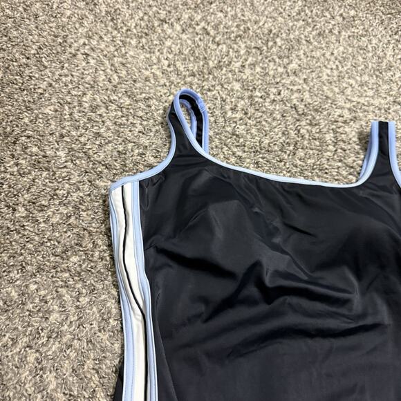 Miraclesuit Black One Piece Swimsuit Size 16W Slimming Blue White Side Stripes - Picture 2 of 6